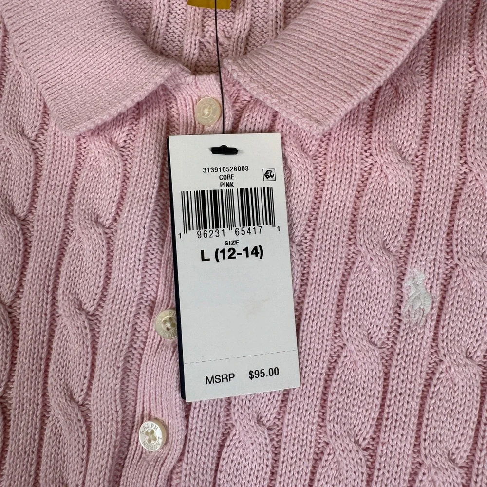NWT Polo Ralph Lauren Girls Pink Cable Knit Polo Dress Size L 12-14 NWT 3139003
